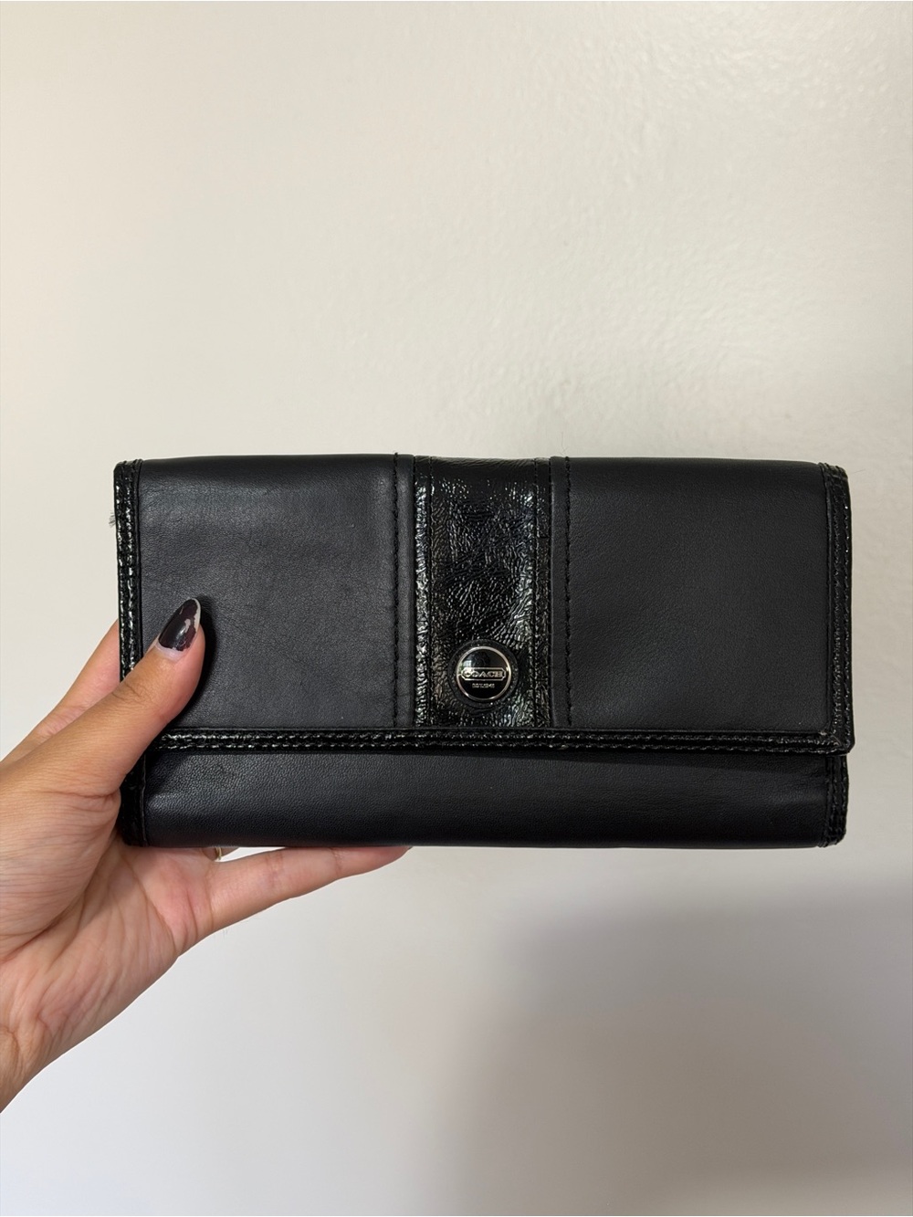 Coach Black Leather Continental Wallet with Patent Trim